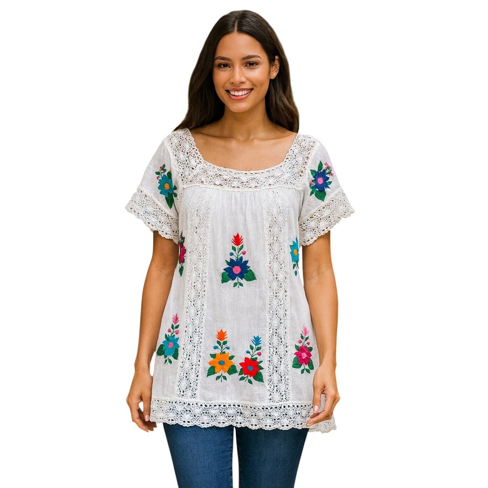 Vintage‎ 60s 70s White Mexican Multicolor Floral Embroidered Tunic Blouse Top